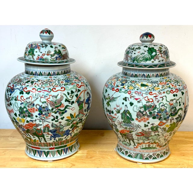 Asian Pair Monumental Chinese Famille Verte Buddhist Ginger Jars, Late Qing Dynasty For Sale - Image 3 of 18