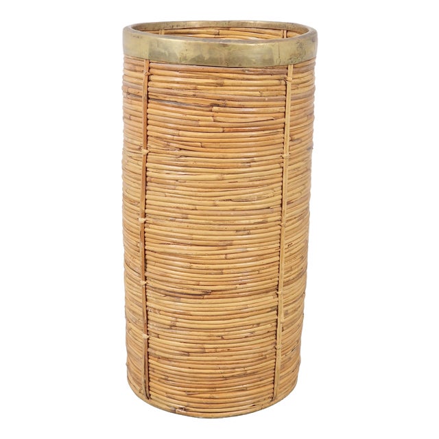 Vintage Bamboo and Brass Umbrella Stand, Italy, 1970s For Sale