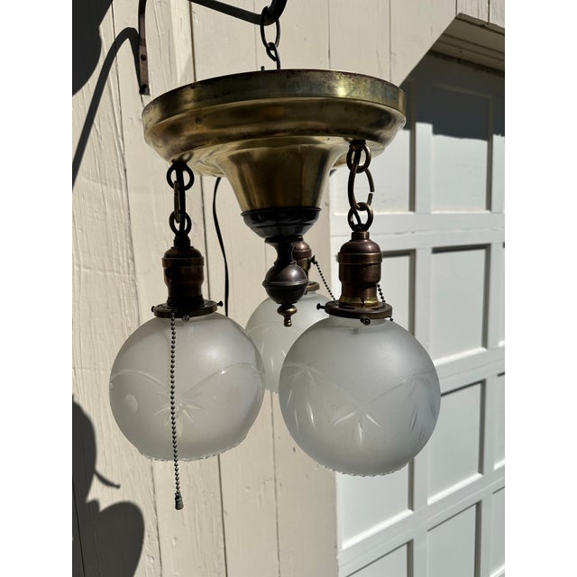 Metal Vintage Three Light Brass Semi-Flush Mount Fixture With Vintage Shades For Sale - Image 7 of 12