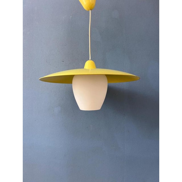 Metal Mid-Century Modern Opaline Glass Pendant Lamp with Yellow Metal Shade For Sale - Image 7 of 13