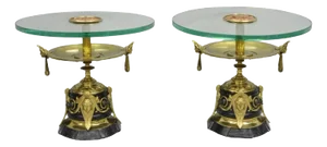 French Empire Figural Bronze and Marble Round Glass Tazza Low Side Tables - Pair