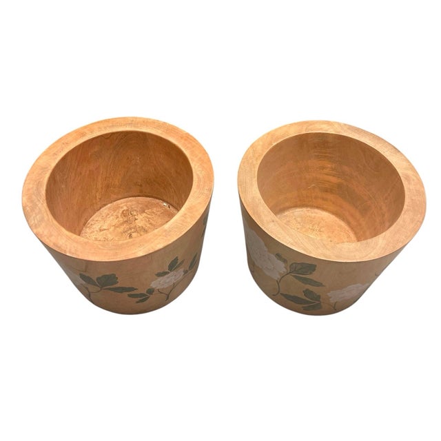 Coastal A Pair of Vintage Solid Teak Hand-Painted Floral Cache Pots For Sale - Image 3 of 12