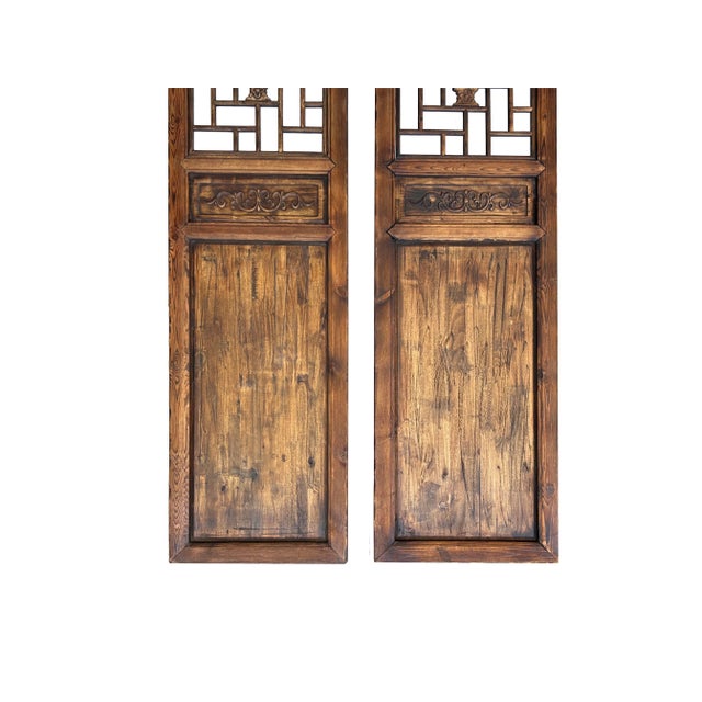 1940s Pair Vintage Tall Flower Bird Geometric Pattern Raw Wood Door Panels For Sale - Image 5 of 6