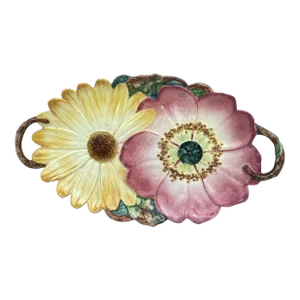 19th Century Majolica Flowers Handled Platter Massier