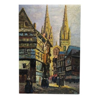 St. Corentin Cathedral in Quimper, Brittany, France, Oil Painting on Plywood For Sale