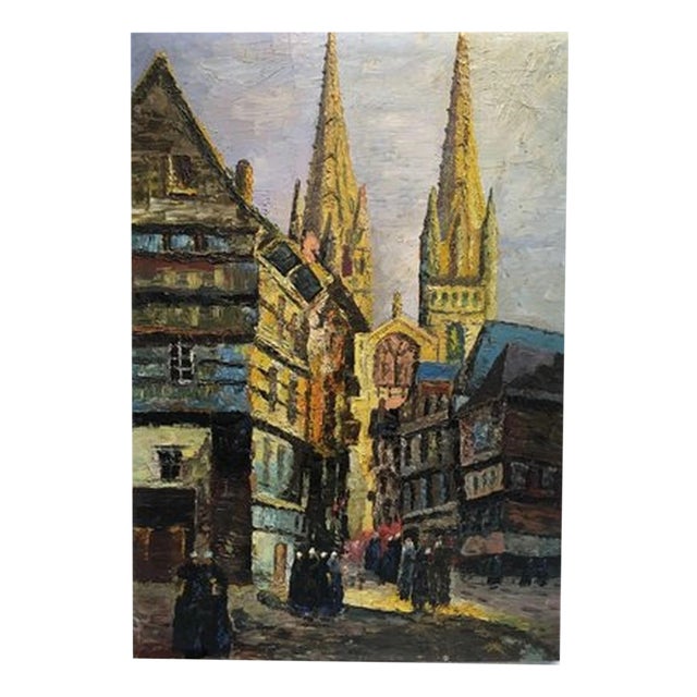 St. Corentin Cathedral in Quimper, Brittany, France, Oil Painting on Plywood For Sale