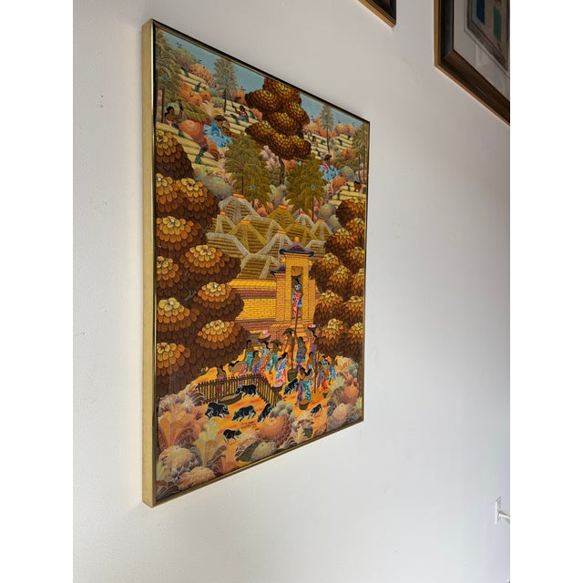 Traditional Vintage Bali Folk Art “Niwg Jagri Peneslanan Klod Ubud Bali” Oil on Canvas Painting – Framed For Sale - Image 3 of 13