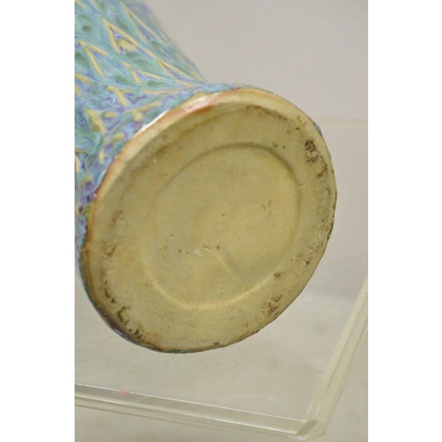 Mid-Century Modern Ceramic Pottery Glazed Feather Pulled Purple Blue Vase For Sale - Image 9 of 11