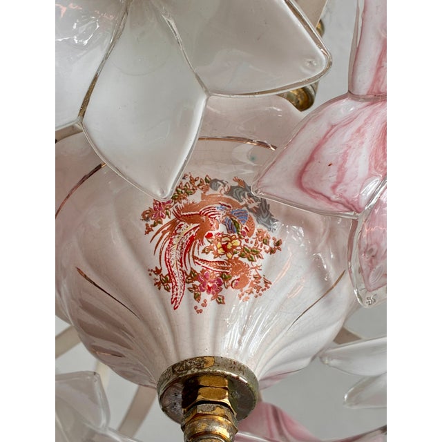 Vintage Murano Style Floral Chandelier – Romantic Pink & White Glass Bouquet Light - Pair For Sale - Image 13 of 18