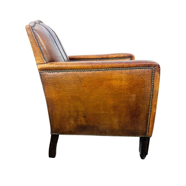 Antique French Moustache Cognac Leather Club Chair, 1920s For Sale - Image 3 of 13