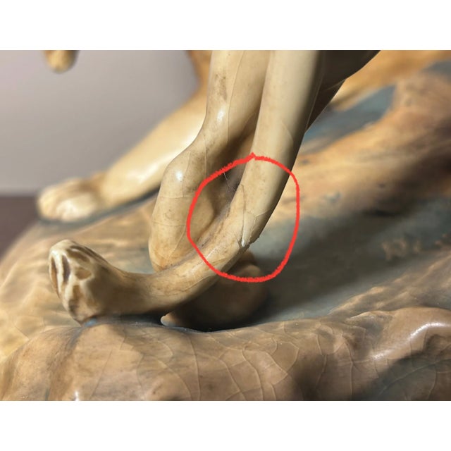 Circa 1900 Austrian Art Nouveau Theodore Schoop for Bernard Bloch Porcelain Lion and Lioness on Rock Figural Group Sculpture For Sale - Image 12 of 12