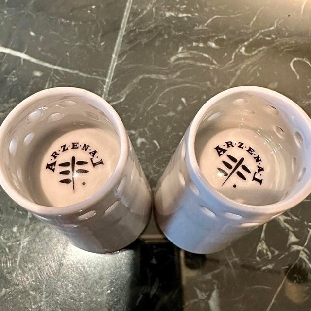 Vintage 1990s Arzenal Mod White Porcelain Teapot Infuser Two Pierced Cups Unused For Sale - Image 9 of 10