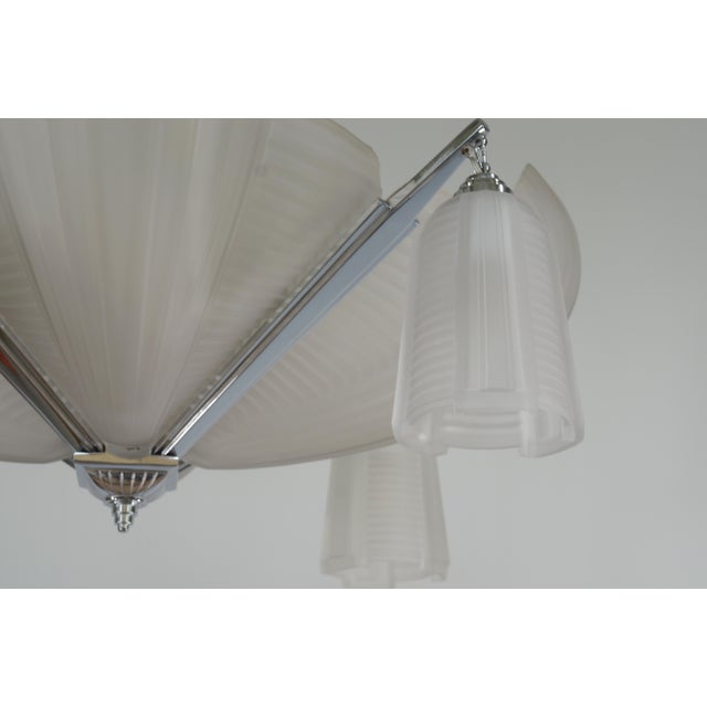 Petitot French Modernist Art Deco Chandelier 1930s - Frosted Glass & Nickeled Bronze For Sale - Image 9 of 15