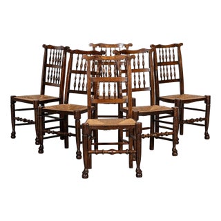 19th Century Farmhouse English Oak Harlequin Rush Spindle Back Dining Chairs, 1880, Set of 6 For Sale