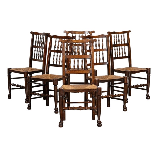 19th Century Farmhouse English Oak Harlequin Rush Spindle Back Dining Chairs, 1880, Set of 6 For Sale