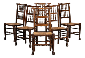 19th Century Farmhouse English Oak Harlequin Rush Spindle Back Dining Chairs, 1880, Set of 6
