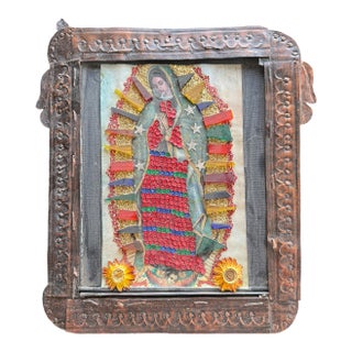 Handmade Mexican Folk Devotional Art in Angel Wing Copper Frame For Sale