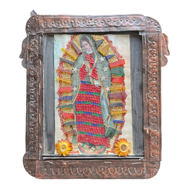 Mexican Devotional Nicho With Copper Angel Wing Frame For Sale