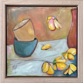 Pleasantries by Leigh Ann Van Fossan | Acrylic and charcoal on canvas Still life with flowers and fruit For Sale