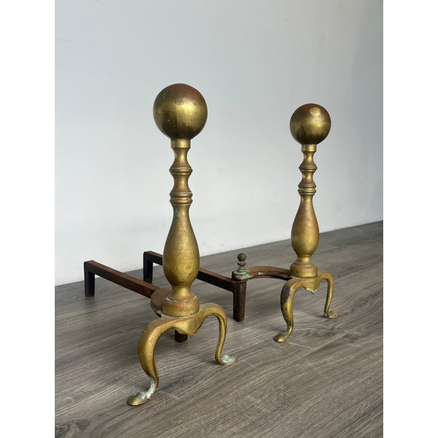 Mid-Century Modern Vintage Brass Fireplace Andirons, a Pair For Sale - Image 3 of 7