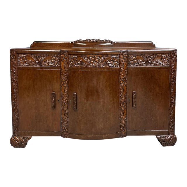 1920s Art Nouveau English Carved Sideboard in Oak For Sale