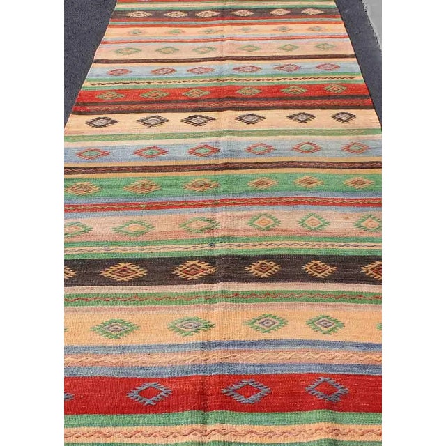 Mid 20th Century Mid 20th Century Vintage Turkish Kilim Carpet With Colorful Geometric Stripe Design For Sale - Image 5 of 13