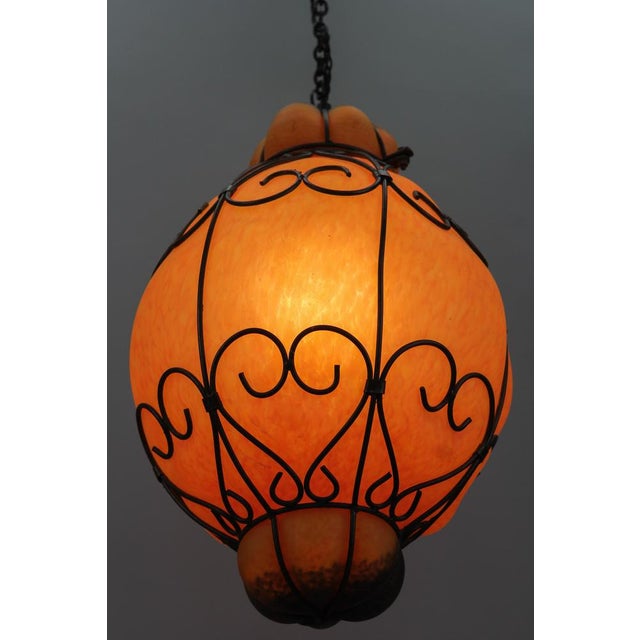 Venetian Style Pâte de Verre Glass Metal Caged Lantern Pendant Light For Sale - Image 11 of 18