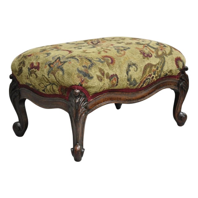 Antique French Louis XV Style Victorian Carved Mahogany Ottoman Footstool For Sale