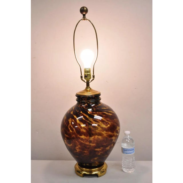 Vintage Chinoiserie Hollywood Regency Tortoise Shell Blown Glass Table Lamp with Brass Mounts. Circa Late 20th Century....