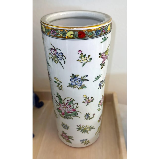 1970s Vintage Chinese Porcelain Cylinder Vase / Umbrella Holder - 12" For Sale - Image 5 of 8