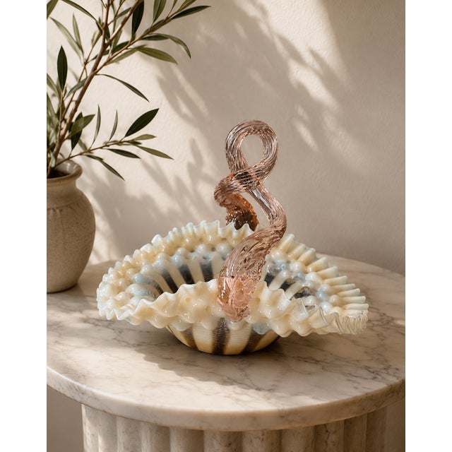 Vintage Murano Art Glass Basket with Opaline Bowl and Pink Twisted Handle, Italy, 1960s For Sale - Image 9 of 9
