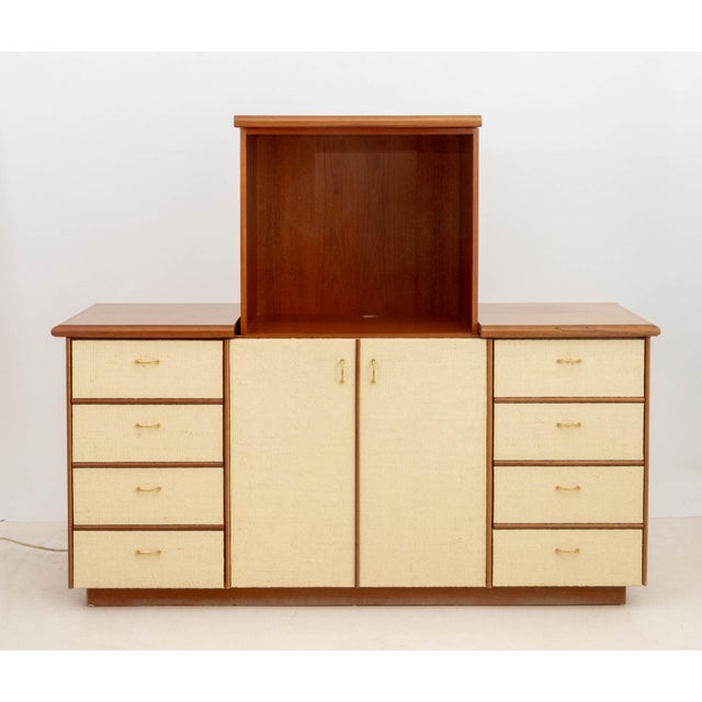 Gabriella Crespi Style White-Painted Woven Wicker and Walnut TV Lift Cabinet, the central pop-up compartment with two faux...