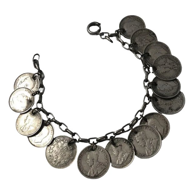 Wwii Era Canadian, English & Australian Solid Silver Coin Charm Bracelet For Sale