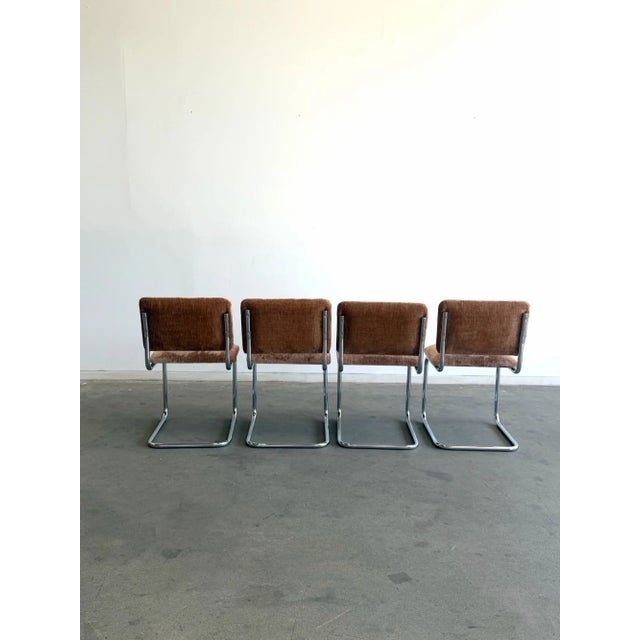 Metal 1970s Chrome Cantilevered Dining Chairs in Chenille For Sale - Image 7 of 10