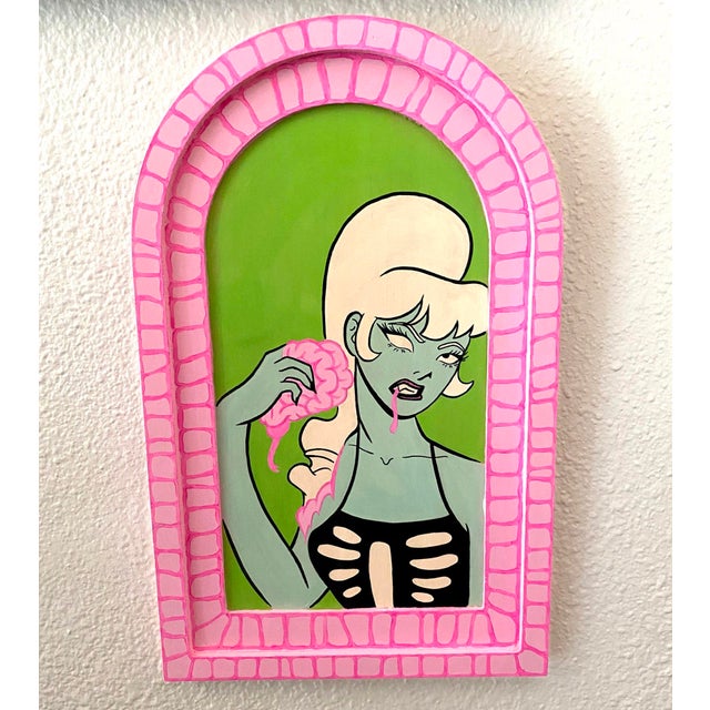 Pop Art Zombie by Katie Mansfield | Acrylic on wood depicting a zombie woman with pink hair and a skeleton shirt. For Sale - Image 3 of 4