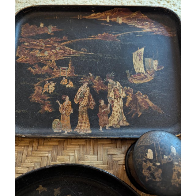 1900 - 1909 Antique Japanese Black Lacquer & Gilt Trays & Plates For Sale - Image 5 of 7