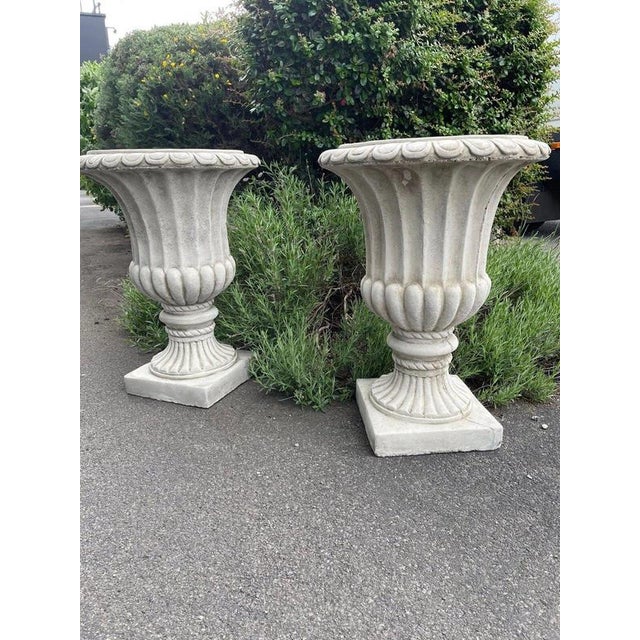 British Cast Stone Fluted Garden Urns, Set of 2 For Sale - Image 4 of 12