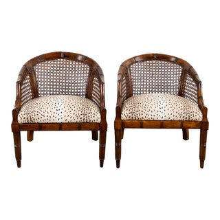 Vintage Faux Bamboo Caned Barrel Chairs With Linen Antelope Upholstery, a Pair For Sale