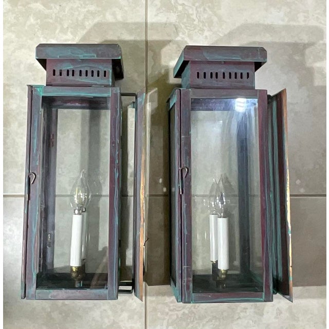 American Large Stunning Pair of Solid Copper Wall Lanterns For Sale - Image 3 of 16