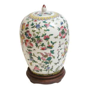 Mid 20th Century Ceramic Asian Vase With Wooden Base