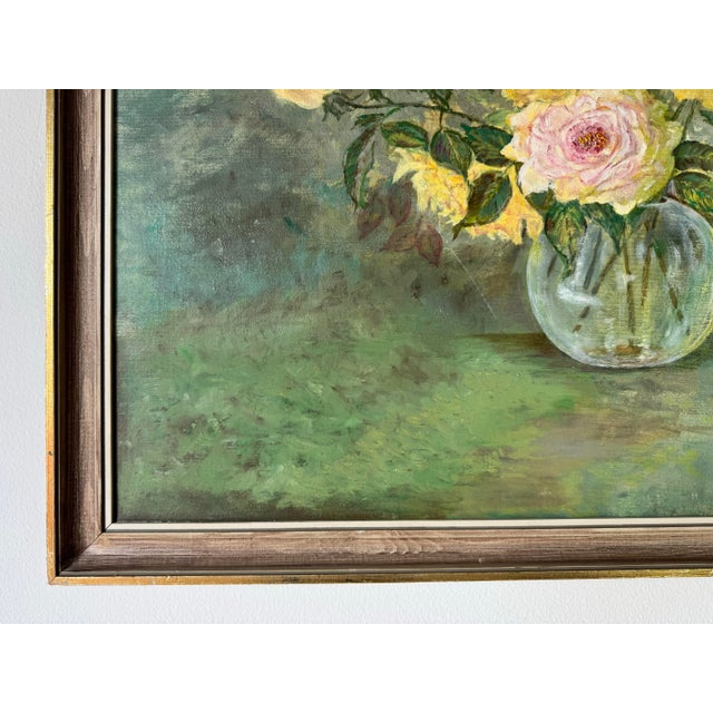 1970's Vintage Sister Still Life W/ Flowers on Vase Oil on Canvas Painting For Sale - Image 9 of 10