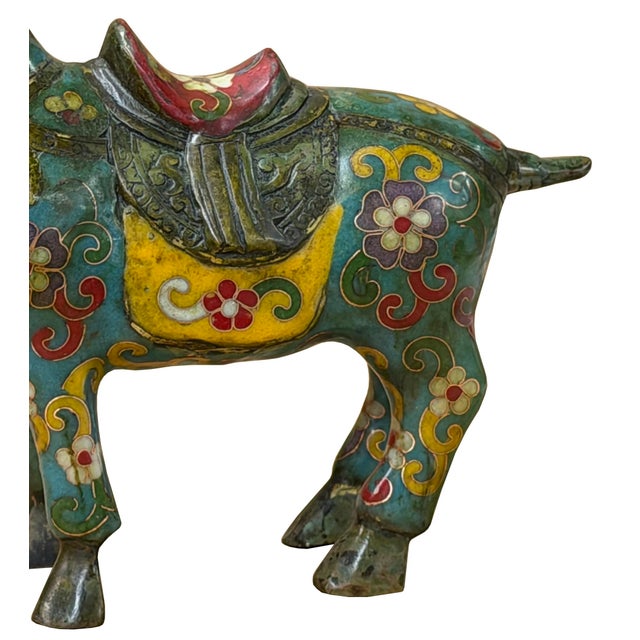 Metal Vintage Chinese Turquoise Blue Flower Cloisonné Enamel Horse Statue For Sale - Image 7 of 12