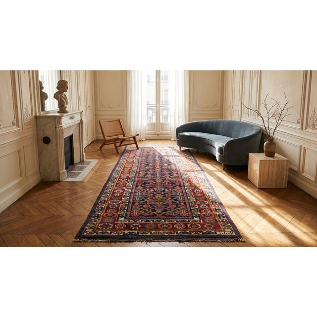 1930s Blue Navy Diamond Tribal Antique N.W.Persian Rug 3' 4" X 10' 3" Handknotted Wool Carpet For Sale - Image 9 of 9