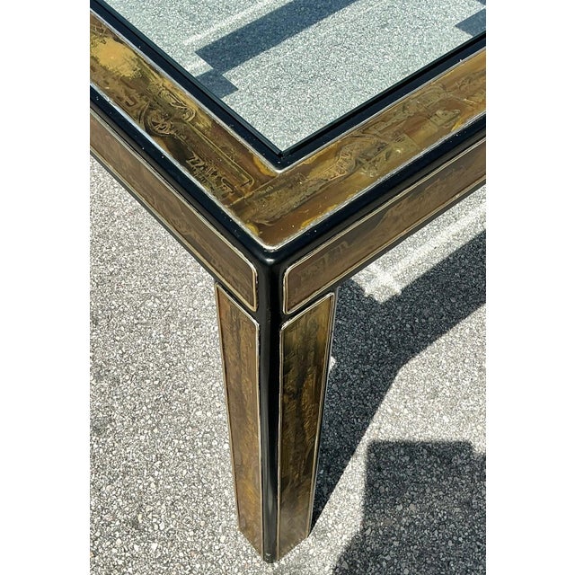 Wood Vintage Acid Etched Brass and Glass Dining Table After Bernhard Rohne For Sale - Image 7 of 14