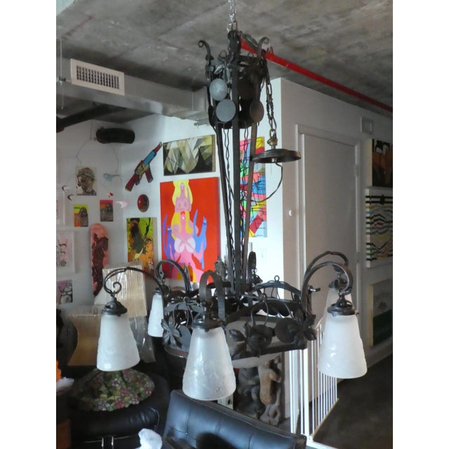 Art Deco Signed Art Deco Muller Freres Wrought Iron and Frosted Glass Chandelier For Sale - Image 3 of 13