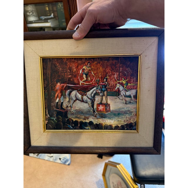 Mid-Century Modern Vintage Pair of Signed Oil Paintings - Circus & Equestrian Scenes by D. Hall, 1965-66 For Sale - Image 3 of 10