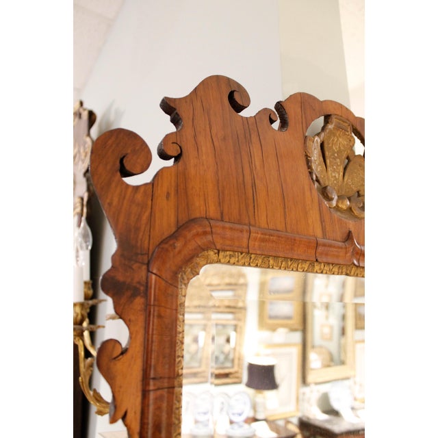Queen Anne George II Period Walnut and Parcel Gilt Mirror With Carved and Gilt Shell Crest For Sale - Image 3 of 11