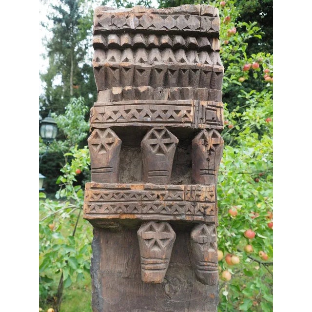 Brown Antique Hand-Carved Wooden Pillar Column, Nuristan, Afghanistan, 1890s For Sale - Image 8 of 11
