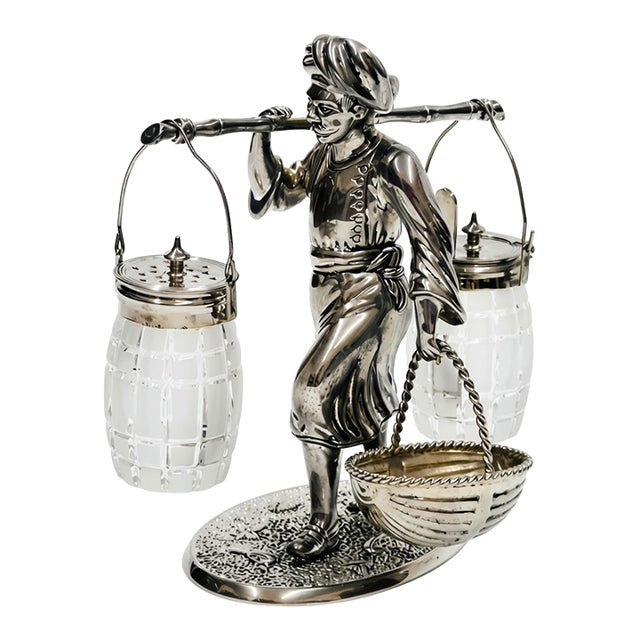 Mid-Century Modern Bombay Co. Silver Plated Nubian Man Salt & Pepper Shaker, Condiment Basket 2001 For Sale