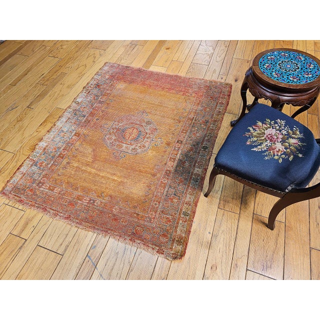 19th Century 19th Century Antique Turkish Oushak Area Rug, 1880s, Pale Yellow & Blue, 5' x 5' For Sale - Image 5 of 14